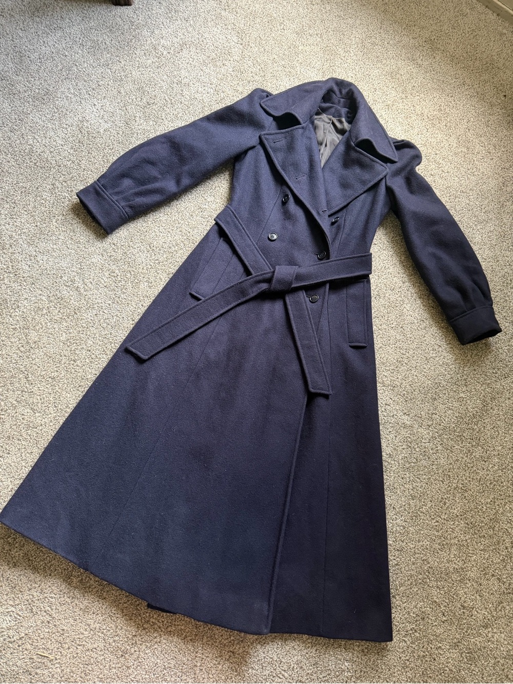 Vintage Peabody House Navy Long Wool Trench Coat with Belt